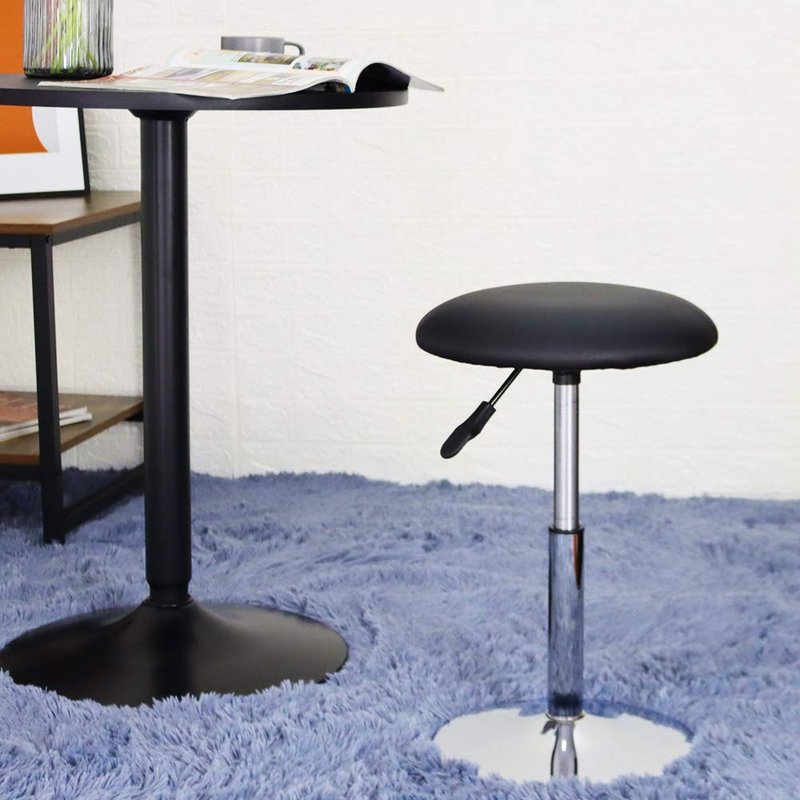 FURWOO Short Round Spa Stool Height Adjustable Swivel Bench for Bedroom Living Room Black PU Leather