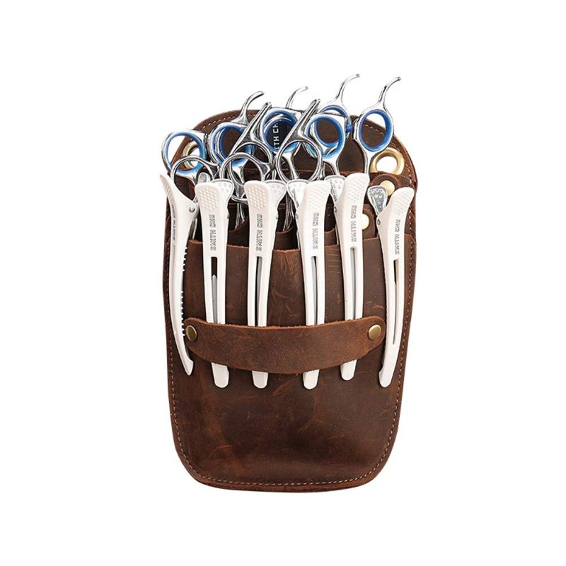 Scissors Pouch Cowhide Leather Salon Barber Hairdressing Scissors Holster Hair Stylist Tools Bag Comb Shear Holster Waist Shoulder Belt (Brown)