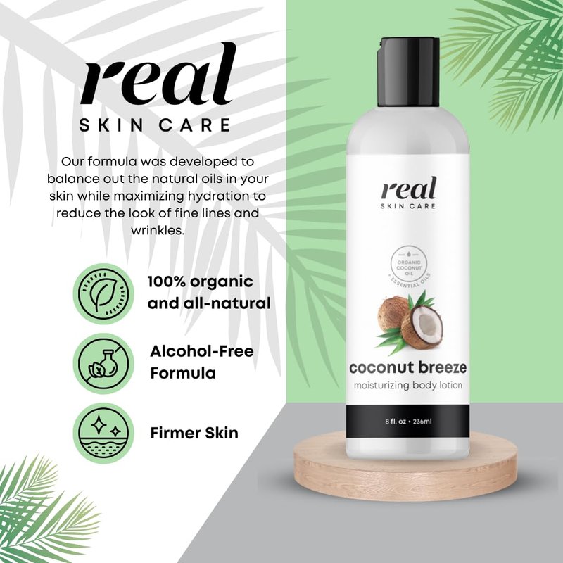 Real Skin Care Organic Body Lotion 8oz - Lightweight & Non-Greasy, Coconut Oil & Jojoba - Moisturizer for Dry & Sensitive Skin, Reduce Fine Lines and Wrinkles - Paraben Free Natural Body Lotion