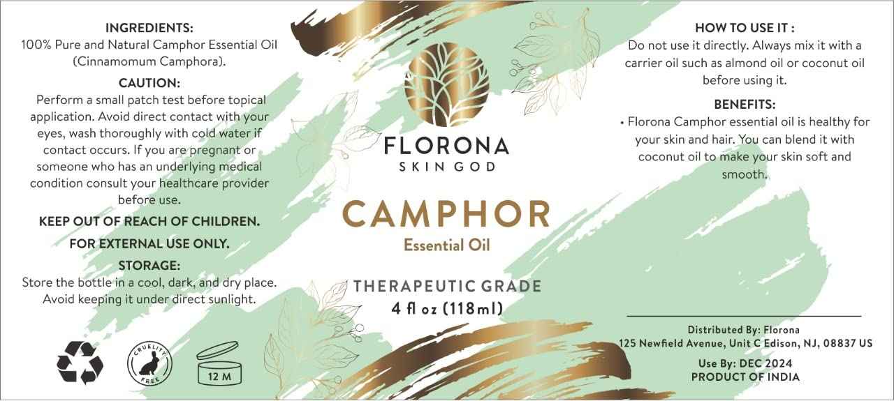 Florona Camphor Oil 100% Pure & Natural - 4 fl oz, for Hair, Face & Skin Care, Massage