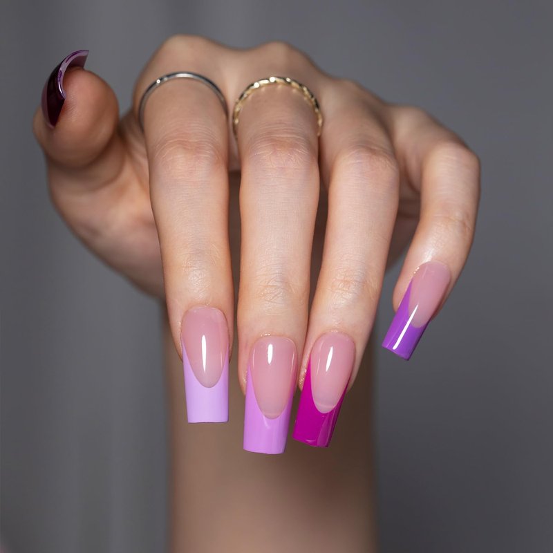 SXC Cosmetics French Tip Press On Nails – Purple Series, Medium Square, X-Pro Tips Starter Kit | 150PCS, 15 Sizes, 5 Styles, Beginner-Friendly