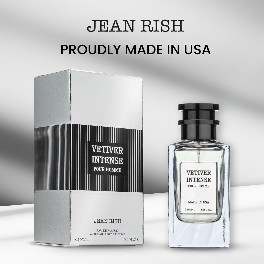 Jean Rish Vetiver Intense Perfume for Men Eau De Parfum, Long-Lasting Luxury Fragrance, Made In USA - Lemon, Mint, Bergamot, Ginger, Sandalwood Scent - 100ml / 3.4 oz