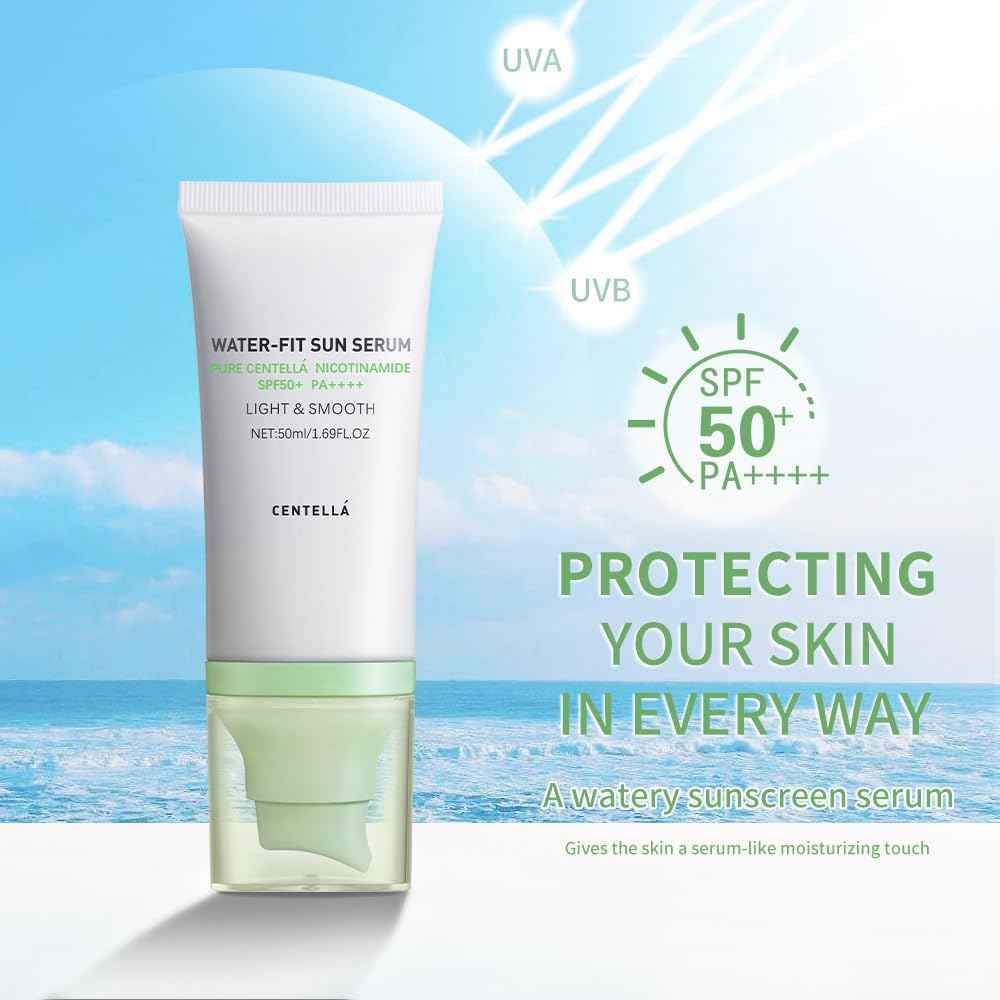 2 Pcs Centella Sunscreen, Centella Water-Fit Sun Serum SPF 50+ Light & Smooth Hyalu Cica Sunscreen