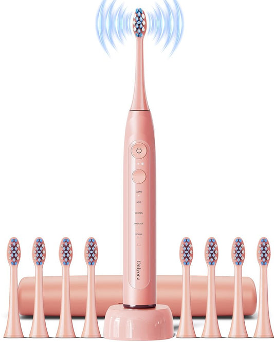 Onlyone Ultrasonic Electric Toothbrush for Adults, Rechargeable Electric Toothbrush with 8 Brush Heads, Travel Case, Charging Base & Wireless Charging - 5 Modes with Smart Timer