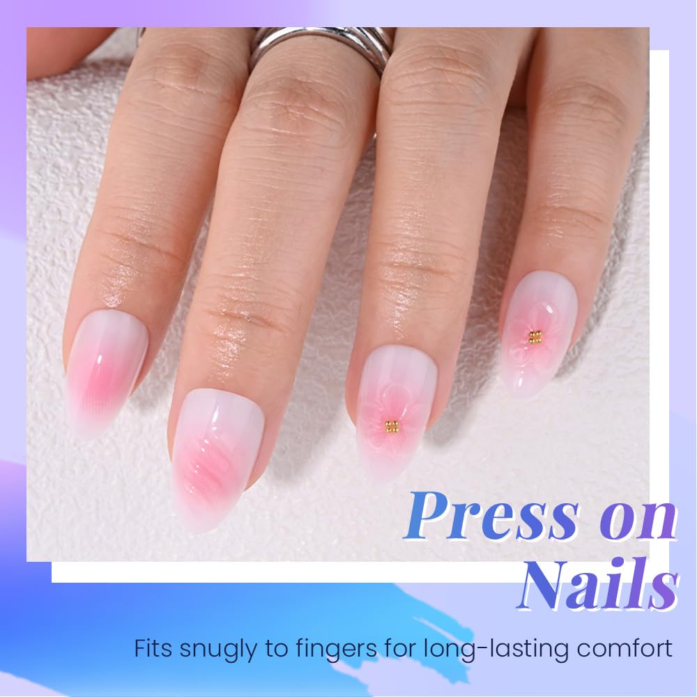 XZMeiLun 3D Flower Press On Nails Short Almond – Pink White Ombre Gold Line Designs, Acrylic Reusable Fake Nails with Adhesive Tabs Glue, Salon Quality Nail Press Ons - Nail Kit for Women Manicure