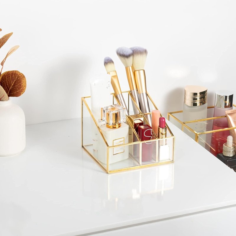 Feyarl Glass Makeup Organizer 5 Slot Cosmetic Brush Holder Vanity Storage for Makeup Jewelry Dresser Tabletop Desk Accessories Case