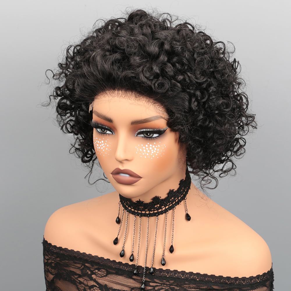 Pixie Cut Wig Human Hair Short Pixie Wigs for Black Women 5x5 HD Lace Closure Glueless Wigs Human Hair Pre Plucked Pre Cut 8 Inches Short Curly BOB Wig Human Hair (Natural Black)