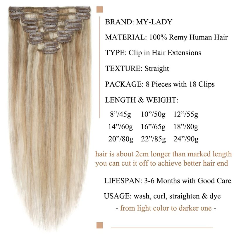 Clip-In Hair Extensions - Real Human Hair Balayage Golden Brown & Bleach Blonde | 12 Inch, 55g, 8pcs Weft for Full Head