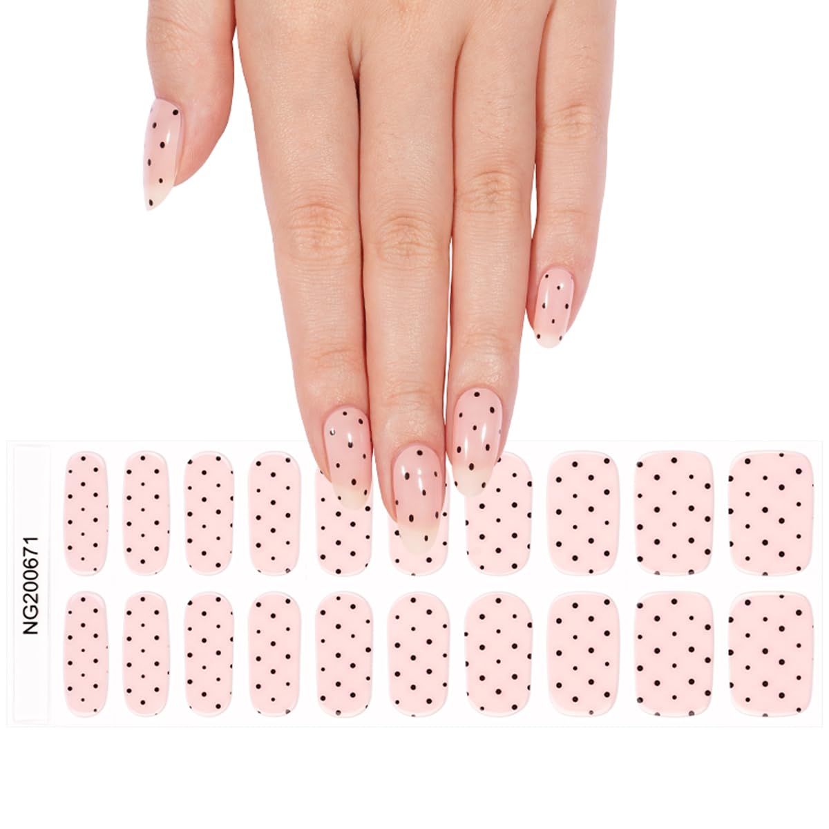 Polka Dot Semi Cured Gel Nail Strips - 20Pcs Pink UV Gel Nail Wraps with Polka Dots Design, Long Lasting Salon-Quality Stickers, Includes Nails File & Wooden Stick - UV/LED Lamp Required