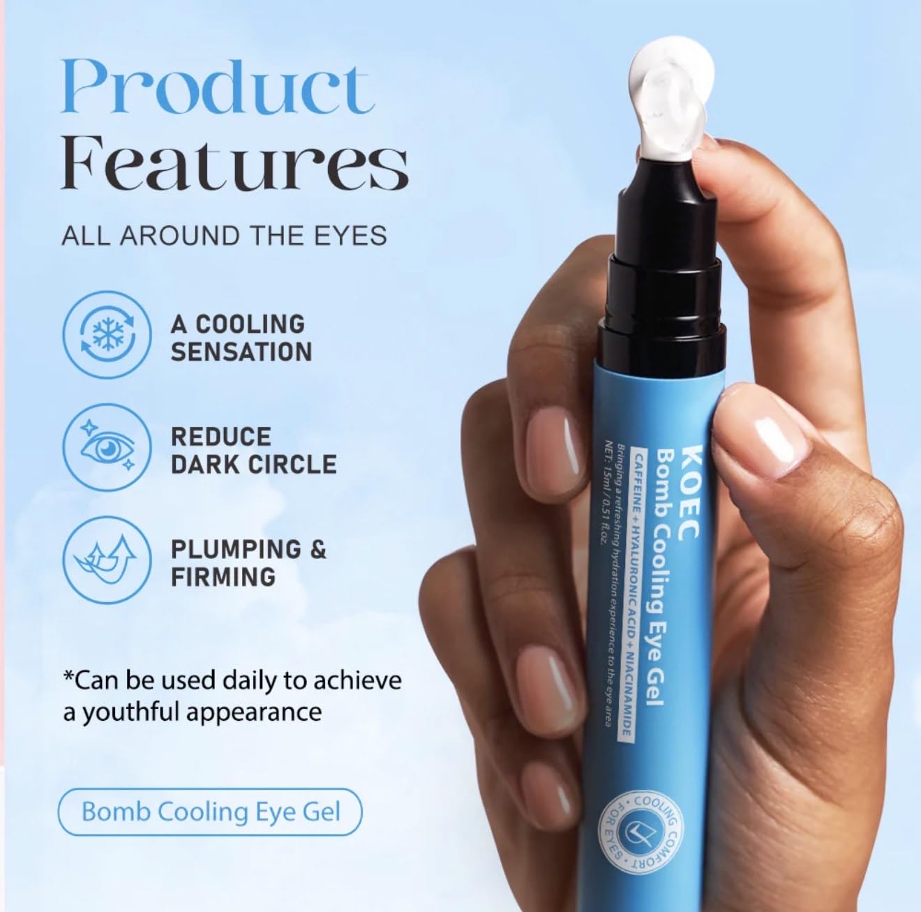 BEAUTIVANA KOEC Bomb Cooling Eye Gel, Dark Circle Reducer with Plumping and Firming Effect, 15g