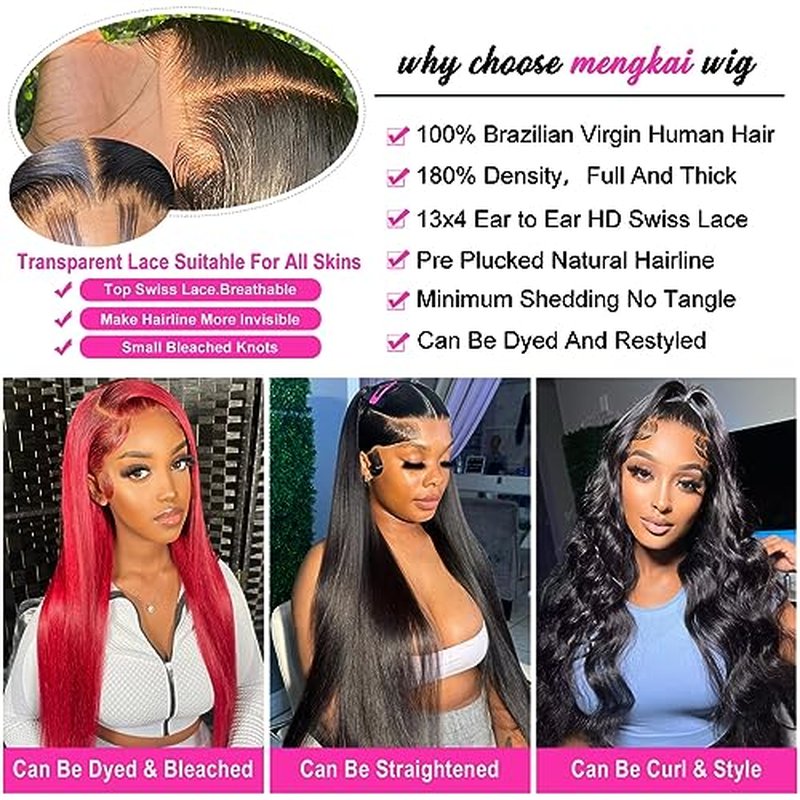 mengkai 30 Inch Straight Lace Front Wigs Human Hair Pre Plucked Bleached Knots 13x4 HD Lace Front Wigs Human 180% Density Lace Frontal Wigs with Baby Hair Glueless Wigs