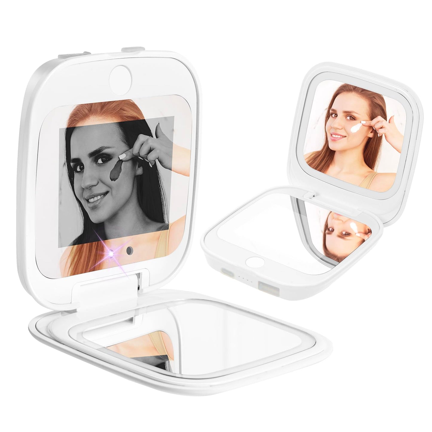 HiPai UV Camera Mirror for Sunscreen Test & SPF Detection, 1x/2x Magnifying Travel Mirror with Dimmable LED Lights, Handheld 2-Sided Portable Makeup Mirror for Handbag/Pocket,White
