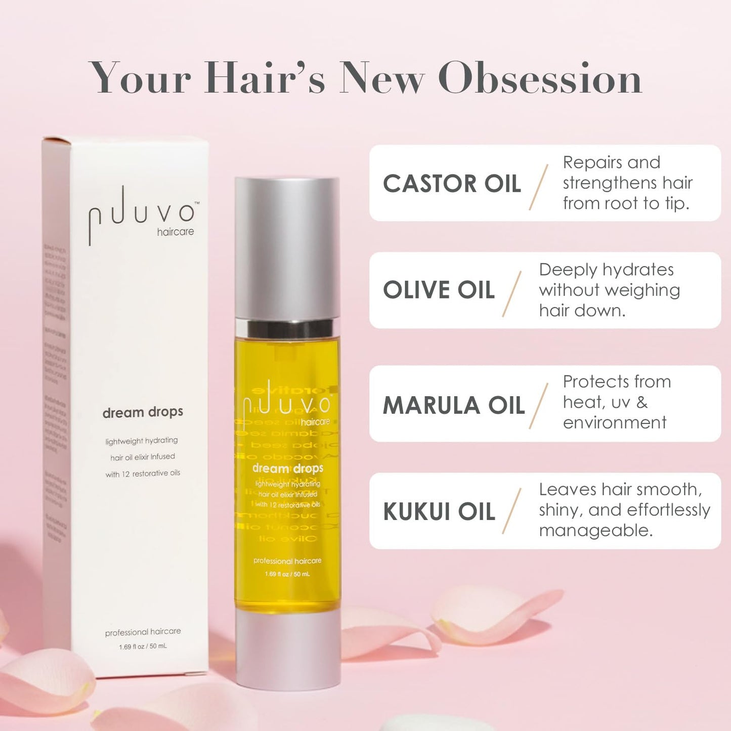 Nuuvo Dream Drops Hair Oil - 1.7oz, Lightweight Hydrating Treatment with Castor, Jojoba, Avocado & Argan Oil - Heat Protectant Detangling Serum for Dry, Damaged or Frizzy Hair for Shine & Strength