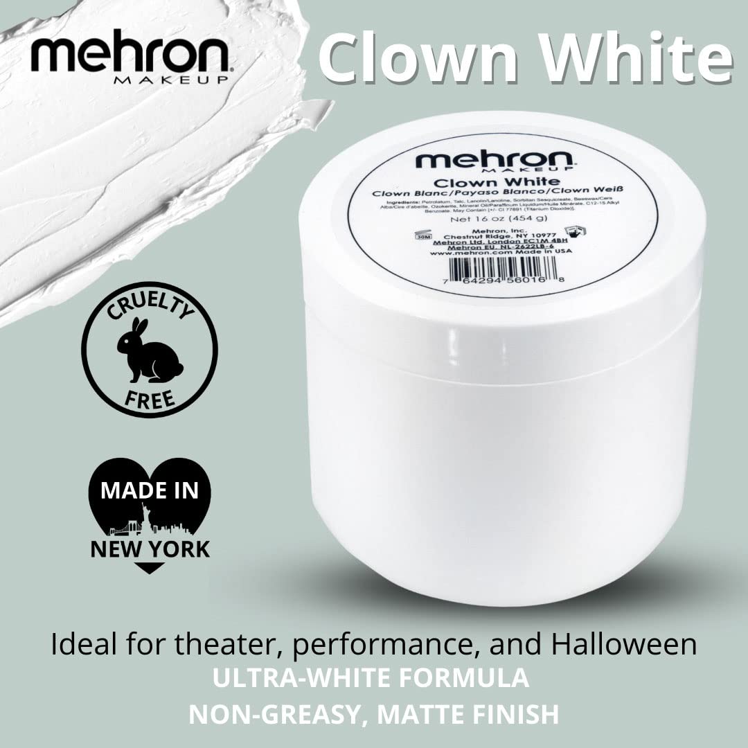 Mehron Makeup Clown White Professional Face Paint Cream Makeup | White Face Paint for Stage, Film, Cosplay, & Mime | Halloween Clown 16 oz (453g) | Made in the USA