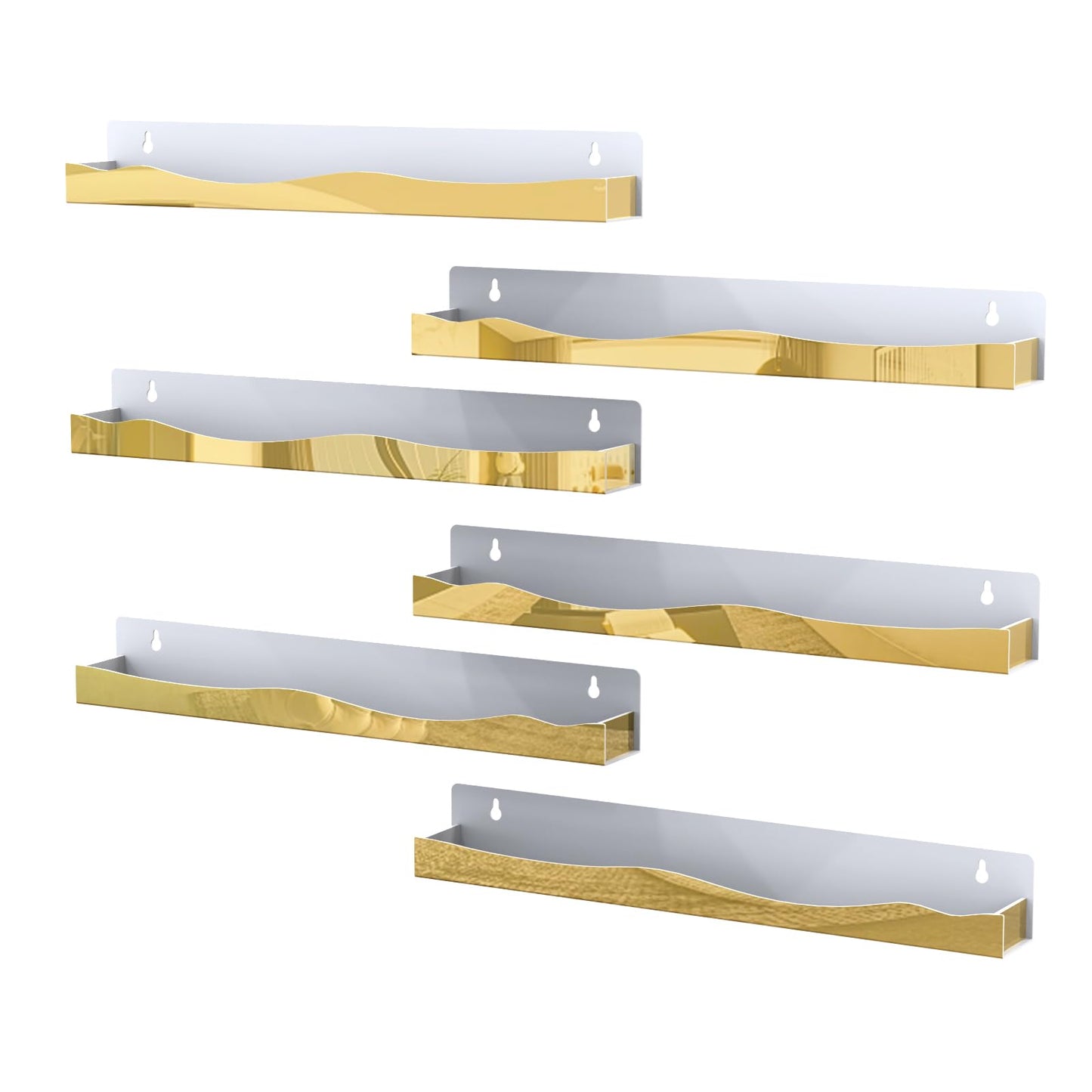 SOVQUEST 6 Pack Nail Polish Wall Rack Mirror Gold Acrylic Wall Mount Ledges with Stopper 15 Inch Kids Bookshelf Tattoo Ink Essential Oils Figurine Display Shelves Spice Rack for Salons Retailers Home