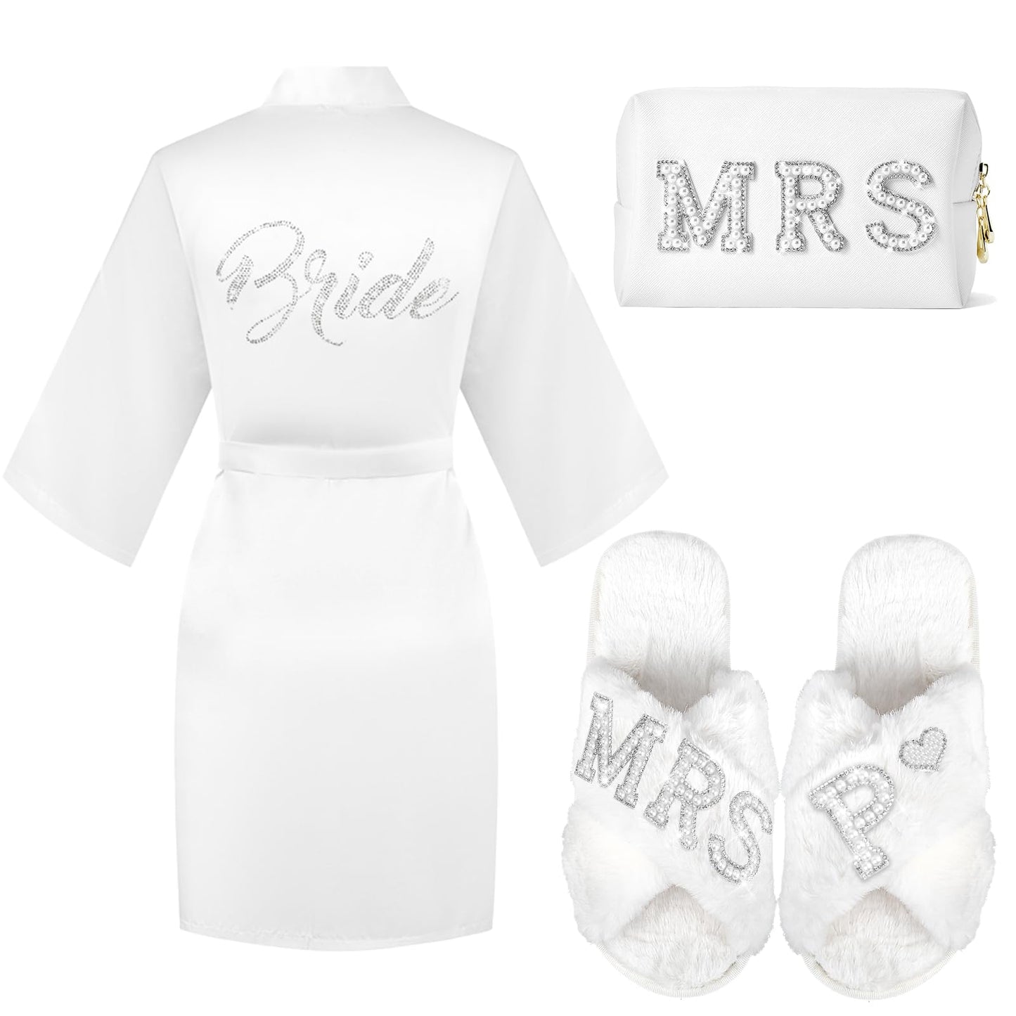 Tkifoda Personalized Initial Letter P MRS Wedding Bride Slippers Robe Makeup Bag, Bride to Be Gifts, Bridal Shower Gifts, Wedding Gift