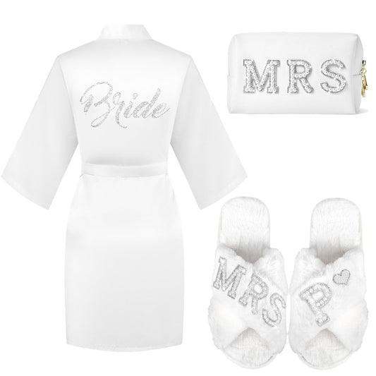 Tkifoda Personalized Initial Letter P MRS Wedding Bride Slippers Robe Makeup Bag, Bride to Be Gifts, Bridal Shower Gifts, Wedding Gift
