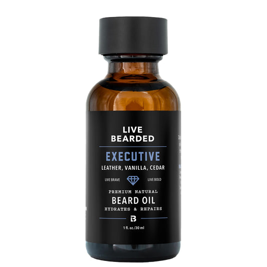 Live Bearded Beard Oil, 1 fl oz - Premium All-Natural Jojoba - Made in the USA - Hair and Skin Care for Men with Dry, Flaky Patches | Executive Scent - Cedar, Vanilla