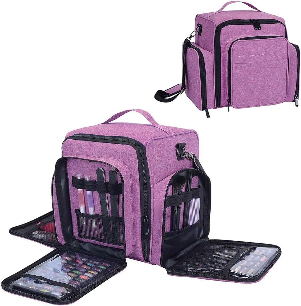 Nail Polish Organizer Box - 60 Bottle Portable Storage with 2 Detachable Bags | Purple for Nail Tools & Cosmetics