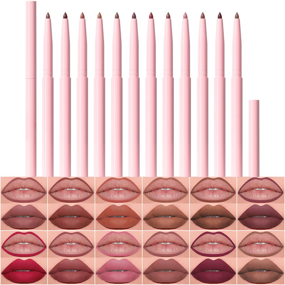 **12Pcs Retractable Lip Liner Pencils Set - Creamy Matte Velvet Colors for Plump Lips | Mauve, Maroon, Red, Nude, Brown**