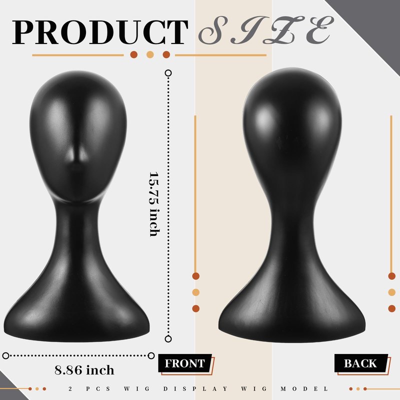 Leinuosen 2 Pcs 16 Inch Mannequin Head for Wigs Display, Plastic Wig Head for Hats, Sunglasses, Jewelry, Hair Styling Practice & Store Display Decor (Black)