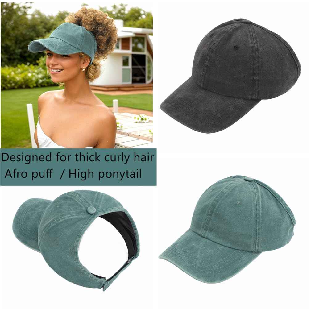 Degfey Women's Backless Baseball Caps for Curly Hair, Satin Lined, 2 Pack (US, Alpha, One Size, Medium, Black+Green)