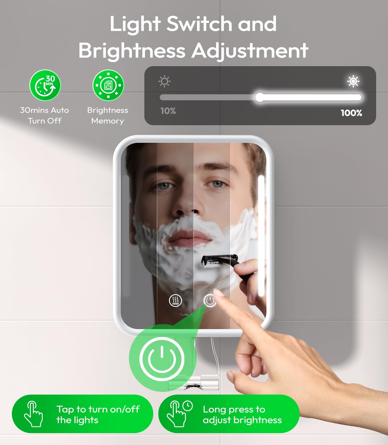 Glowtop Lighted Shower Mirror Fogless for Shaving with Light, 5000mAh Heated Fogless Mirror for Shower, Detachable Razor Holder and Suction Cup for Wall, NO-Drilling, Waterproof for Bathroom (White)