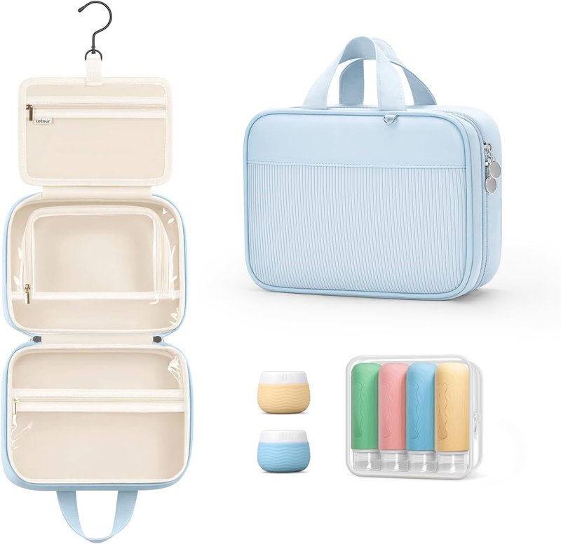 Travel Toiletry Bag for Women - Hanging Organizer with Silicone Containers Set | Blue