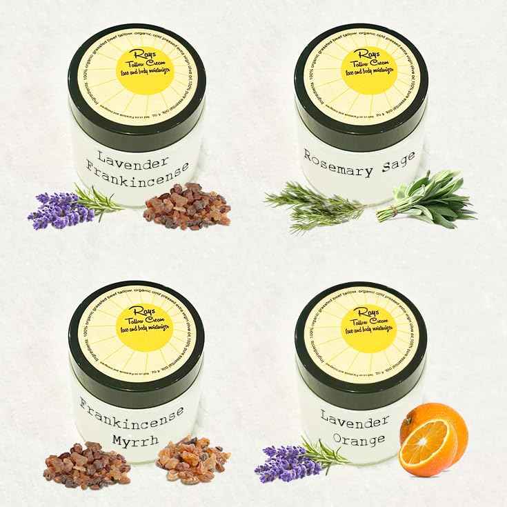 100% Grass Fed Beef Tallow for Skin Care - Face + Body - Whipped Moisturizer - 4 oz. - with 100% Pure Essential Oils - Frankincense Myrrh