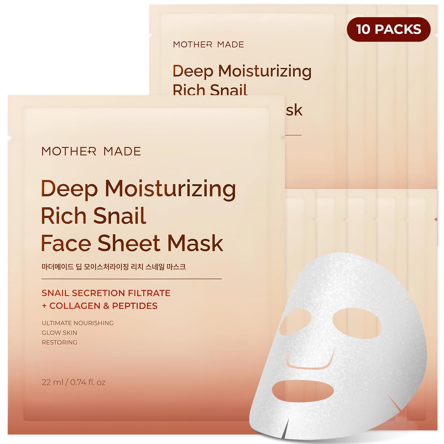 MOTHER MADE Snail Face Mask With Niacinamide 2% & Vitamin E, Collagen Sheet 10 EA, For Dry & Sensitive Skin, Mascarillas Para La Cara, Hyaluronic Acid, Korean Skincare