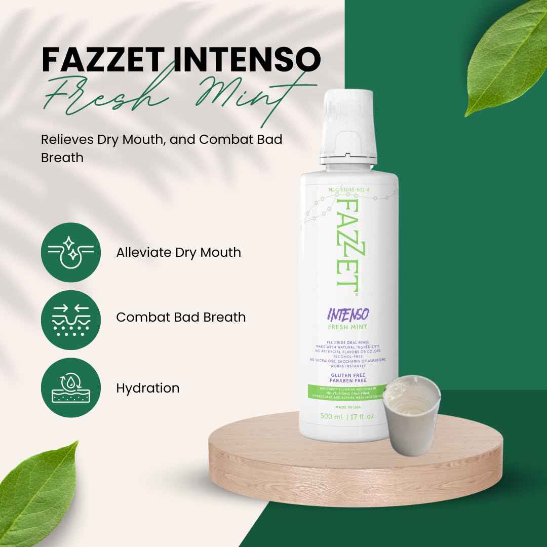 FAZZET Intenso Fluoride Oral Rinse – Soothe Tonsils, Combat Bad Breath – Alcohol, Gluten, and Paraben Free Mouthwash – Fresh Mint Flavor