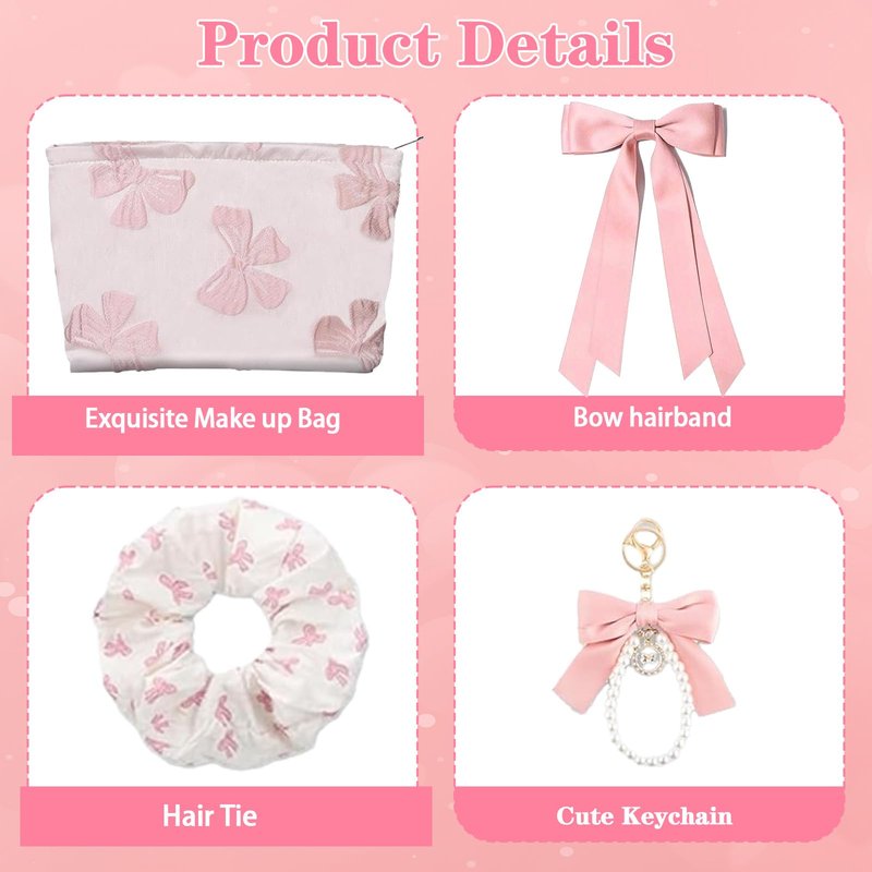 Pink Bow Stuff Gift with Preppy Makeup Bag, Bow Cup, Bow Keychain, Socks, Hairband, Coquette Stuff Presents Set for Teen Girls Women Sister Friend