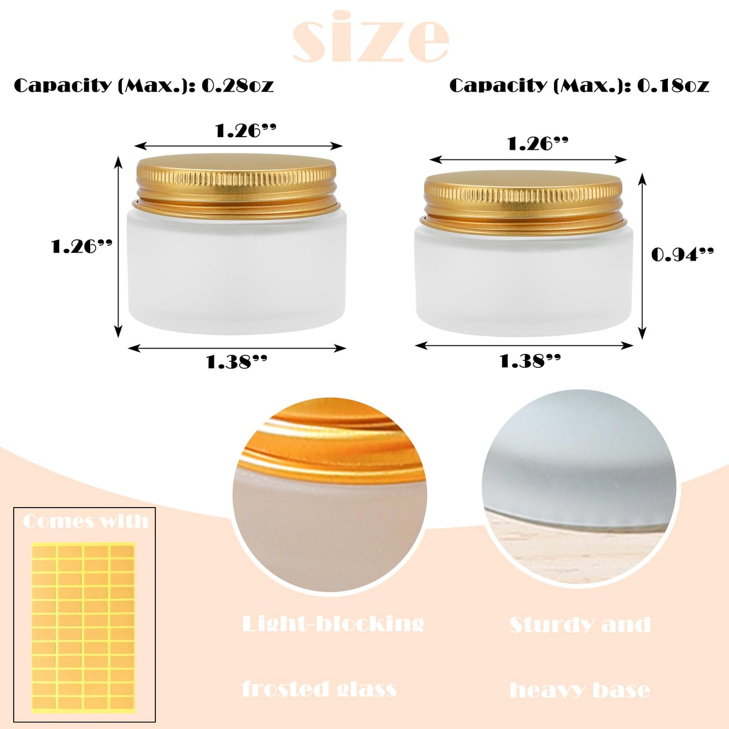 RAMFIYN 48 pack 10ml Frosted Glass Jars with Gold Lids Small Empty Travel Lotion Containers with Inner Liner Airtight Cosmetic Holder with Labels for Lip Balm Creams Body Butter