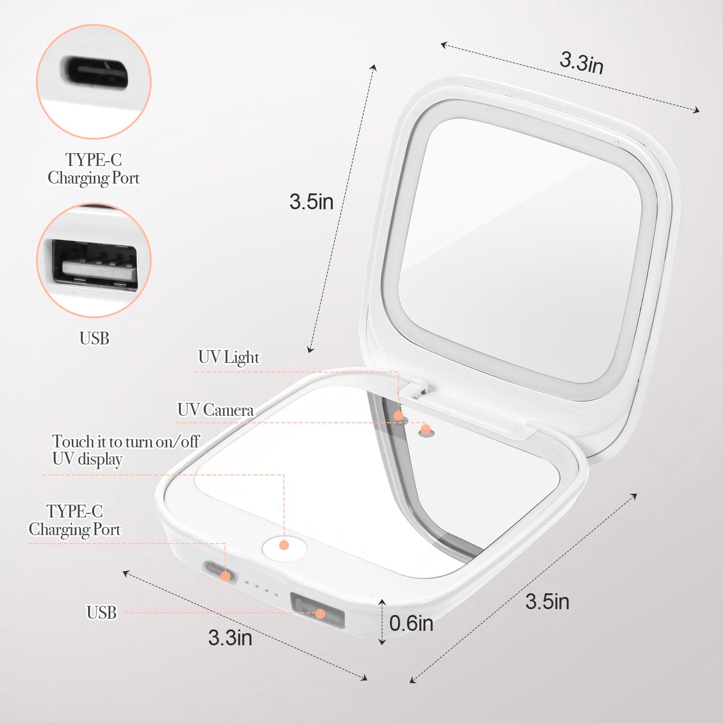 HiPai UV Camera Mirror for Sunscreen Test & SPF Detection, 1x/2x Magnifying Travel Mirror with Dimmable LED Lights, Handheld 2-Sided Portable Makeup Mirror for Handbag/Pocket,White