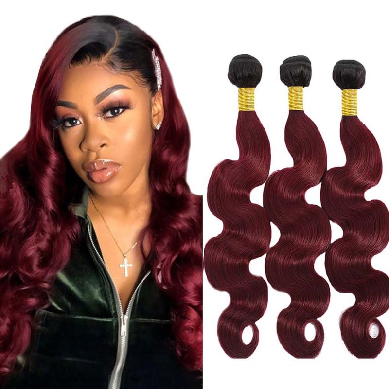Burgundy Bundles Human Hair Red Human Hair Bundles Body Wave Bundle 12 14 16 Inch Ombre Red 1B99J Bundle Brazilian Virgin Remy Hair Extensions Hair Weave