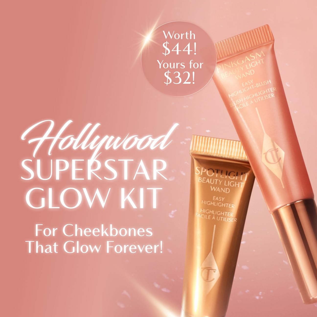 Charlotte Tilbury Hollywood Superstar Glow Makeup Kit - Limited-Edition Mini Beauty Light Wand Duo in Pinkgasm & Spotlight - Dewy Highlighter & Blush with Glow Gel Technology