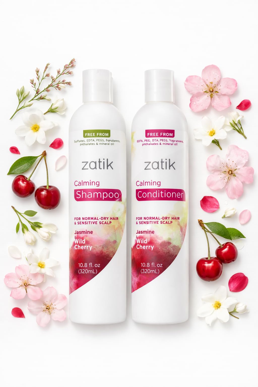 Zatik Naturals - Calming Shampoo + Conditioner Set, with Jasmine and Wild Cherry for Dandruff - Vegan Biodegradable, pH Balanced, FREE FROM EDTA, PEG, Paraben, phthalates, 10.8 oz (One each)
