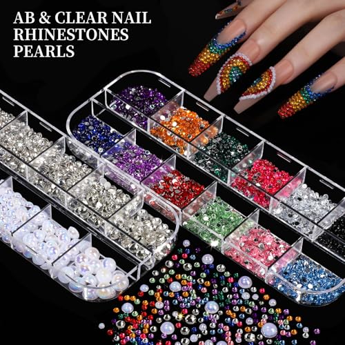FANDAMEI Nail Charms, Nail Rhinestones Kit with 8 Boxes of Nail Gems, 3D Charms for Nails, Colorful Clear Flatback Rhinestones, Multi Shape Pearls Jewels Crystals for Craft