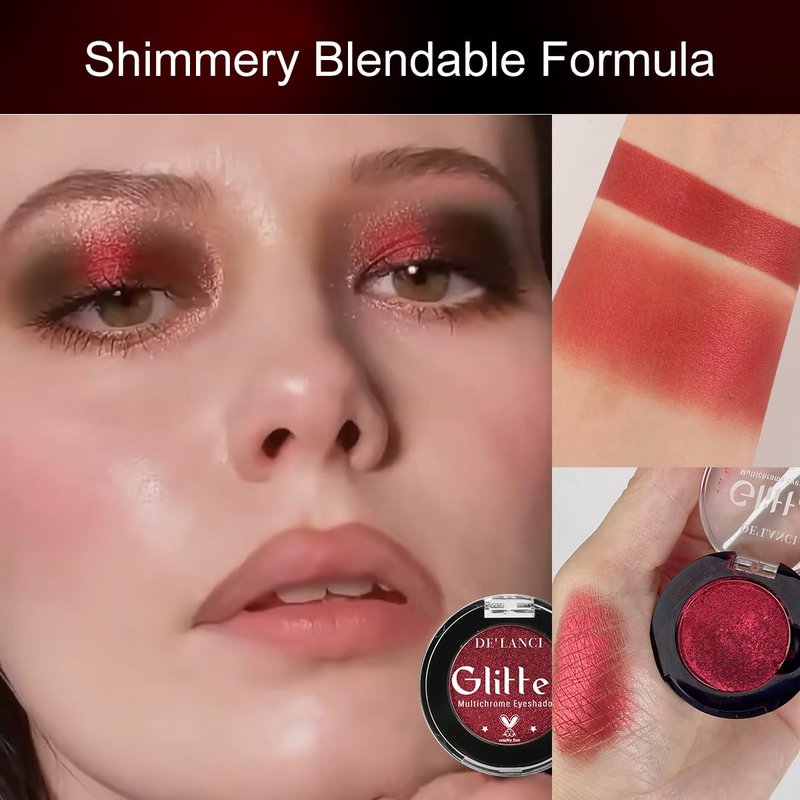 Afflano Single Red Eyeshadow Palette Shimmery, Ultra Pigmented Red Glitter Eyeshadow, Sparkly Duo Chrome Dark Red Makeup Eye Shadow Powder, Multi-Dimensional Eyes Look Goth Christmas Makeup