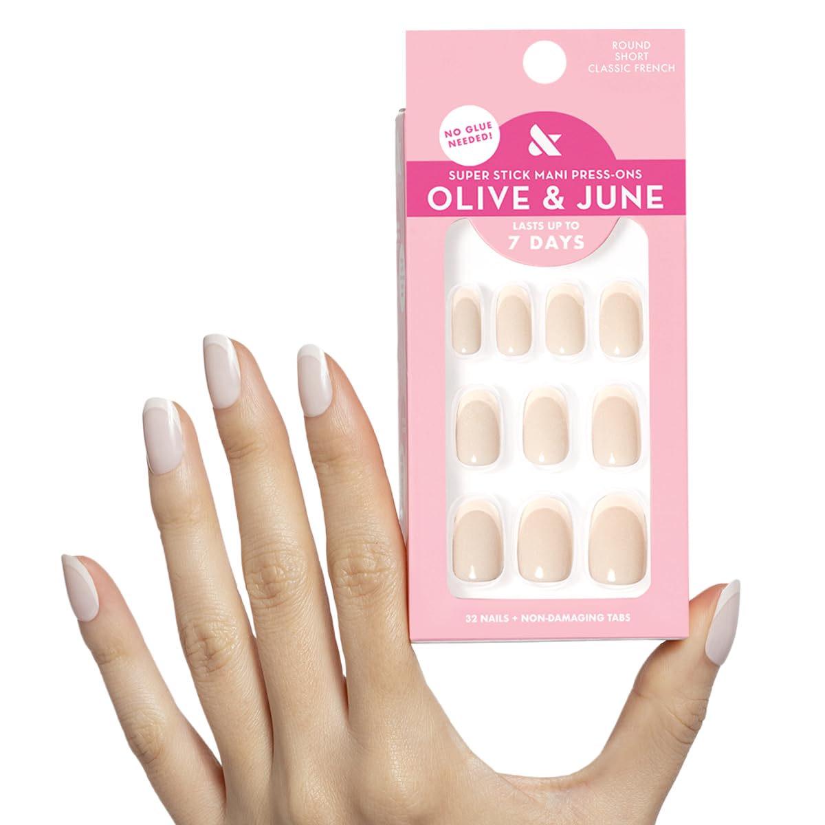 Olive & June Classic Super Stick Mani Press On Nails | No Glue Needed | 32 Tab Nails, 16 Sizes | Non-Toxic Easy On-Off Non-Damaging Real Look | 7-Day Wear | Short, Round | Classic French