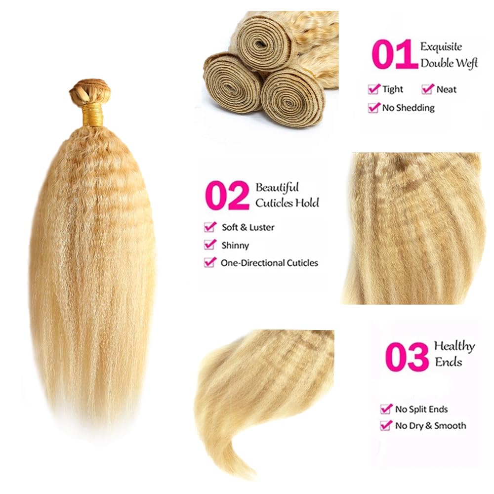 P27/613 Highlight Blonde Bundles Human Hair Honey Blonde Yaki Straight Bundles 28 Inch Unprocessed Brazilian Virgin Hair 1 Bundle 50 Gram Per Bundle Deals Quick Weave Hair Extensions