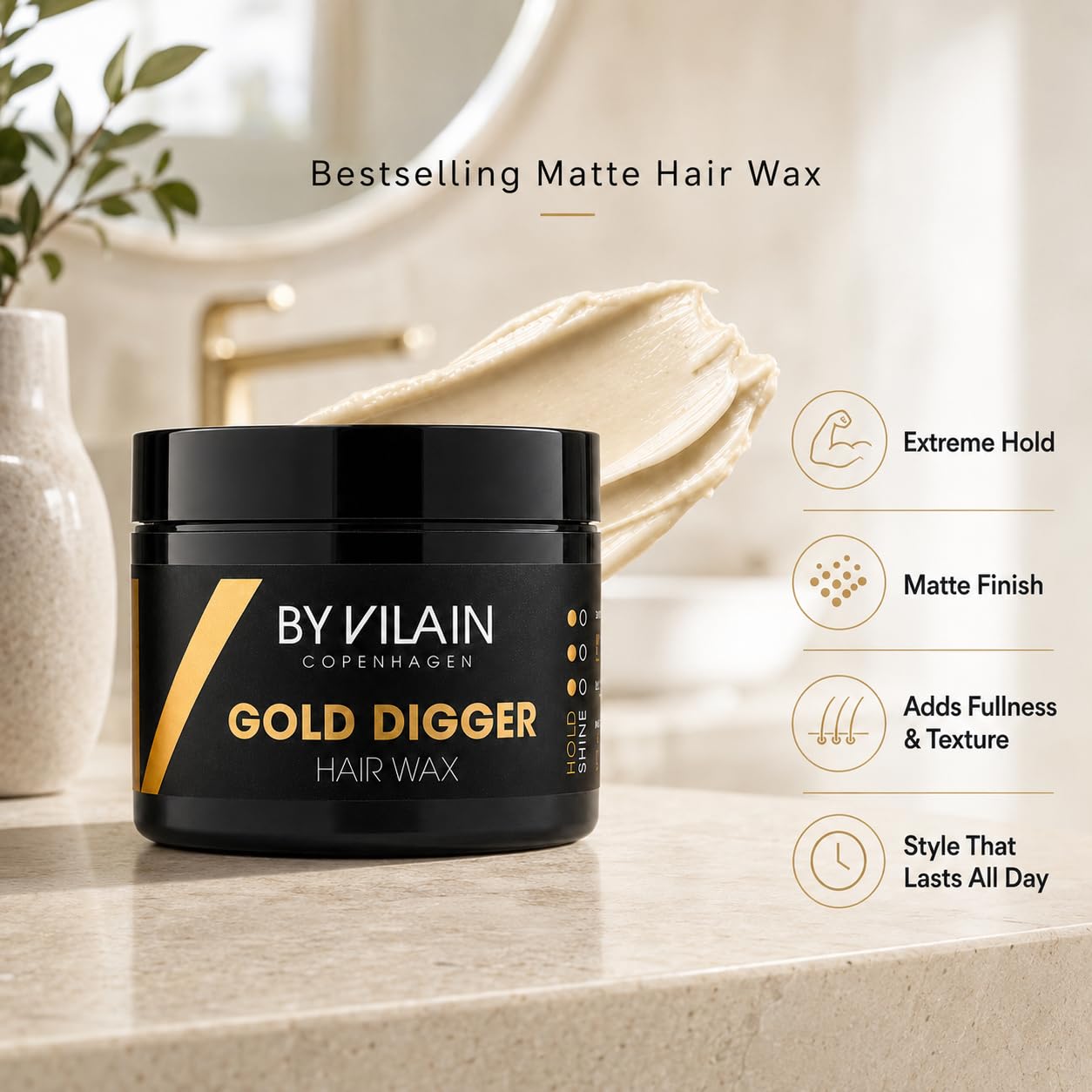 By Vilain Gold Digger Super Strong Hold Matte Finish Clean Cut Look Long Lasting Hair Pomade - Easy to Style for Fullness & Texture Smoothing & Slick Hair Molding Wax Paste Gel for Men - 65ml