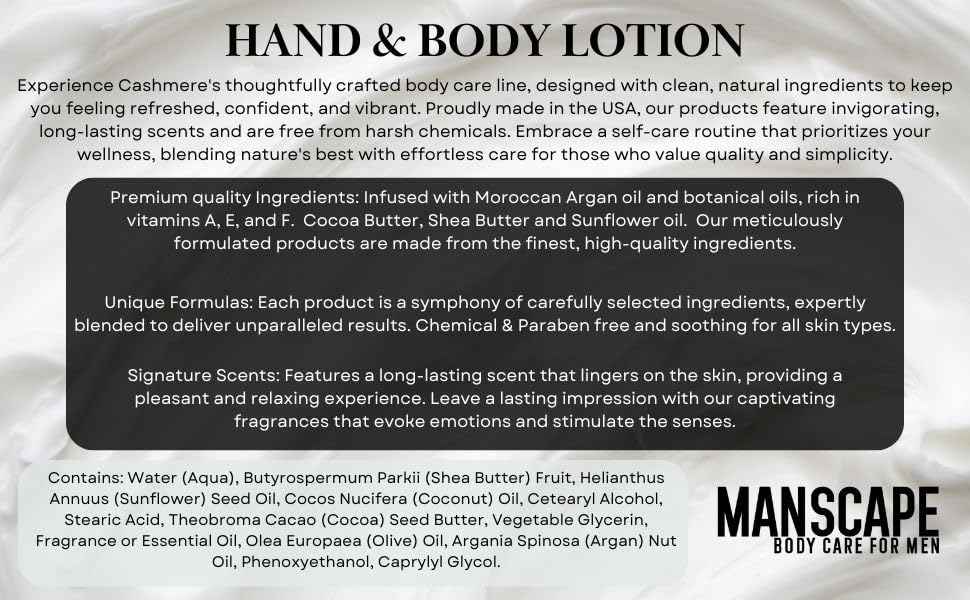 MANSCAPE Hand and Body Lotion | Paraben-free Moisturizer with Moroccan Argan Oil | Cocoa and Shea Butters | Botanical Soothing Oils | Natural | Vegan (12oz bottle, Patchouli)