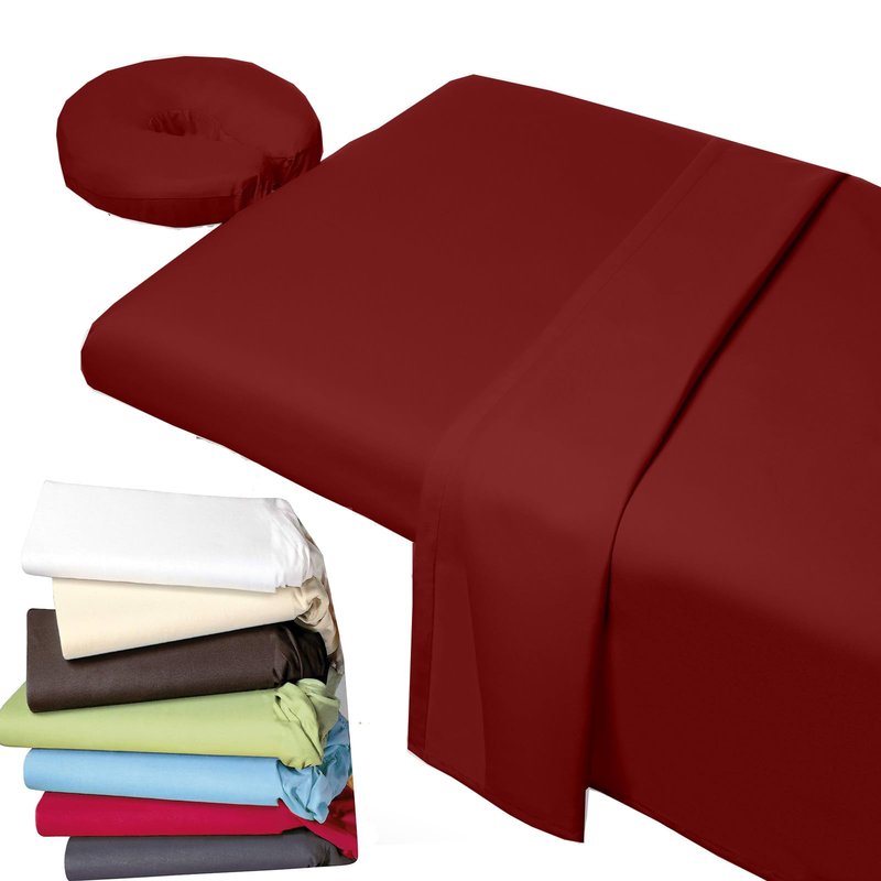 Shreem Linen Microfiber Massage Sheet Set 3-Piece for Massage Tables, Includes Massage Flat Sheet, Massage Fitted Sheet, and Massage Face Cradle Cover for Beauty Salon Spa, Burgundy