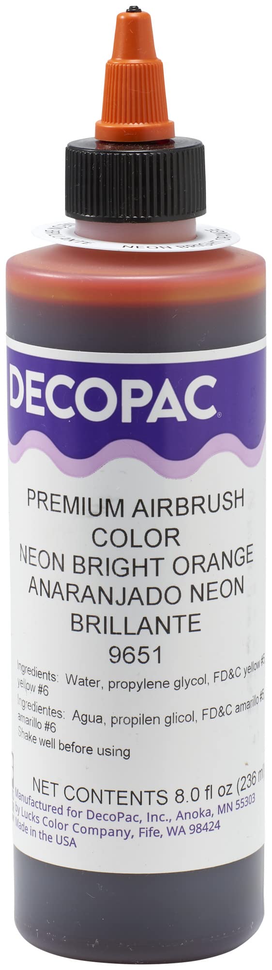 DecoPac Neon Bright Orange Airbrush Color, Orange Food Colouring, Food Safe, Orange, 8 oz