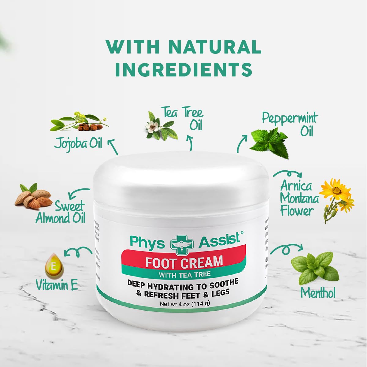 PhysAssist Foot Cream with Tea Tree – Deep Hydrating Foot & Leg Cream for Dry, Tired & Sensitive Skin – Refreshing Moisture Support with Peppermint, Menthol & Vitamin E – 4 oz Jar