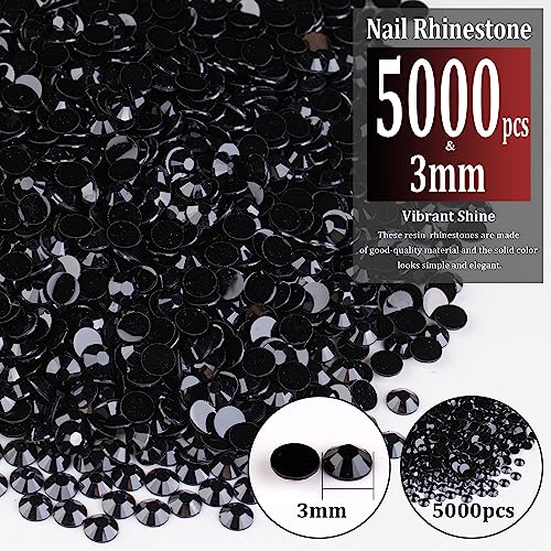 5000pcs 3mm Resin Rhinestones Bulk, Black Flatback Round Jelly Rhinestones Bedazzling Non Hotfix Crystal Gems Large Quantity Wholesale for DIY Crafts Clothes Bottles Tumblers Face Makeup Manicure