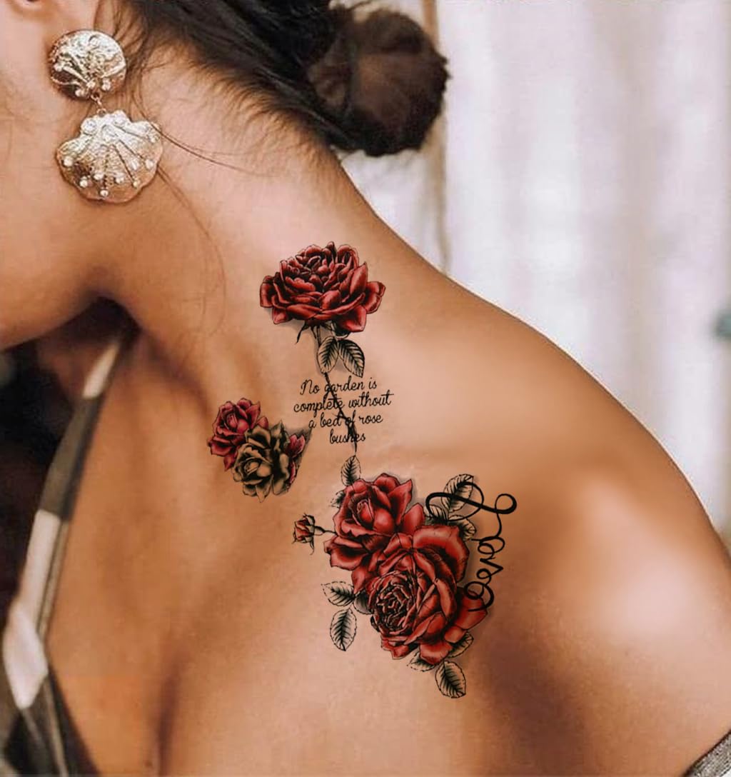 32pcs Red Temporary Rose Flower Arm & Leg Tattoo Stickers, Sexy Stripper Chest & Thigh Design, Waterproof, Perfect For Women (rose-red)