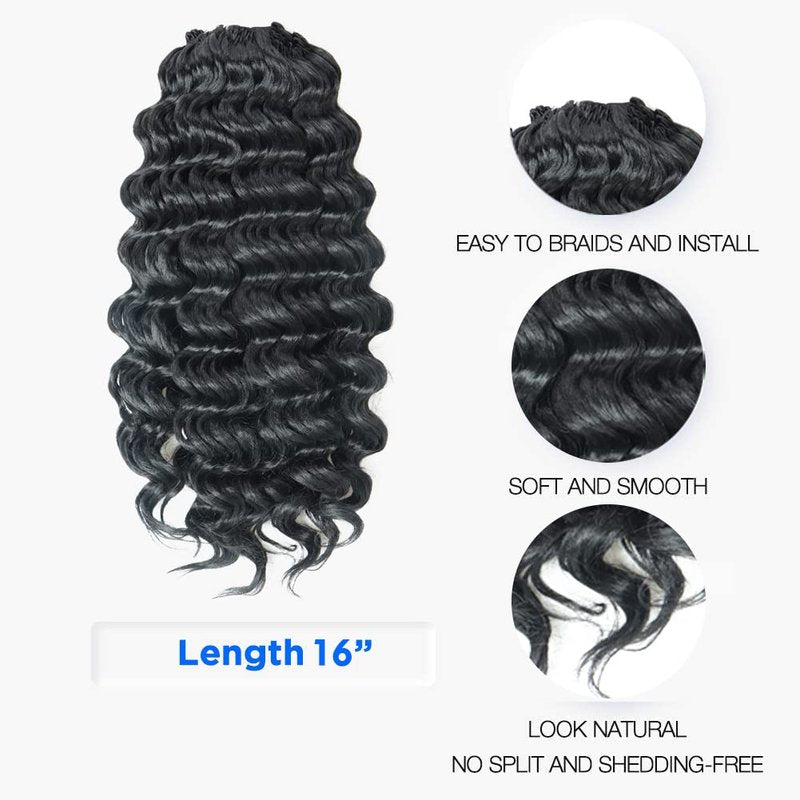 ToyoTree Ocean Wave Crochet Hair - 16 Inch 8 Packs Natural Black Mid-Length Curly Deep Wave Crochet Hair, Synthetic Ocean Wave Braiding Hair Extensions (16 Inch,1B-8P)