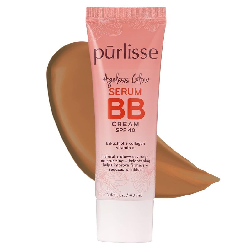 pūrlisse Ageless Glow Serum BB Cream SPF 40 - Glowy Tinted Moisturizer with SPF - Korean Skin Care Formula with Vitamin C & Bakuchiol to Firm, Brighten & Even Skin - Light Medium (1.4 oz)